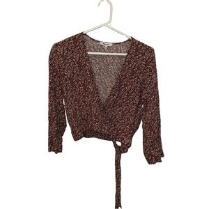 Madewell Brown and White 3/4 Sleeve Wrap Blouse